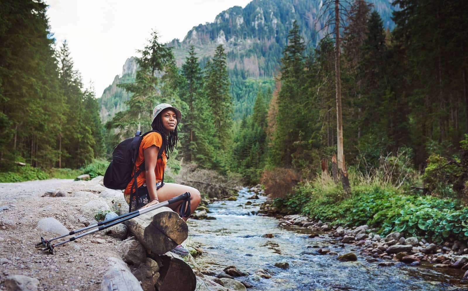 hiking by river